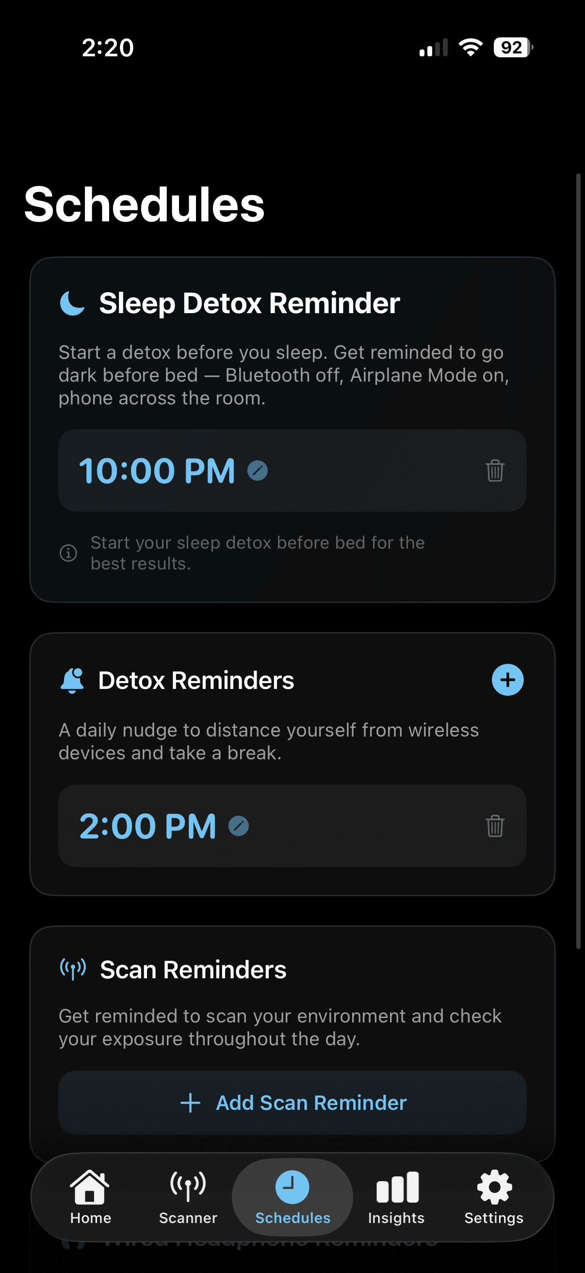 Faraday Schedules screen
